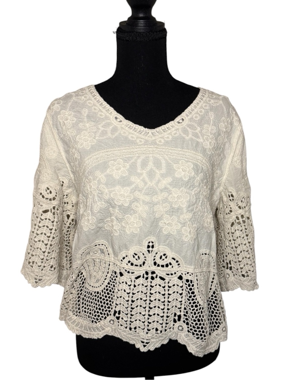 Democracy Cream Crochet Lace V-Neck Blouse